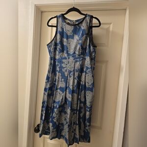 Maggy London Sleeveless Floral Black Blue Fit & Flare Dress Sz 14